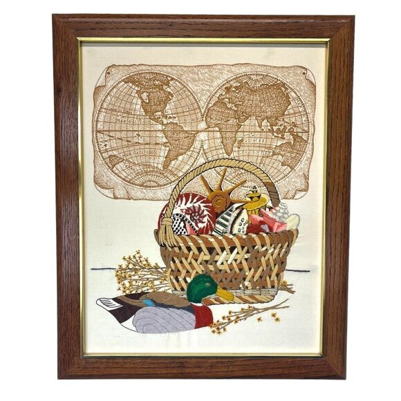 Vintage Crewel Framed Art 1982 Paragon "Sea Treasures" MCM Art Decor Wall Hangin